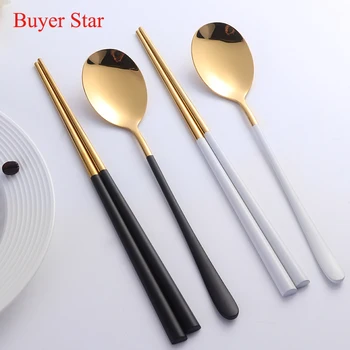 

2pcs/lot Gold Chopsticks Spoon 304 Stainless Steel Korean Reusable Black White Hashi Sushi Sticks Kitchen Accessories