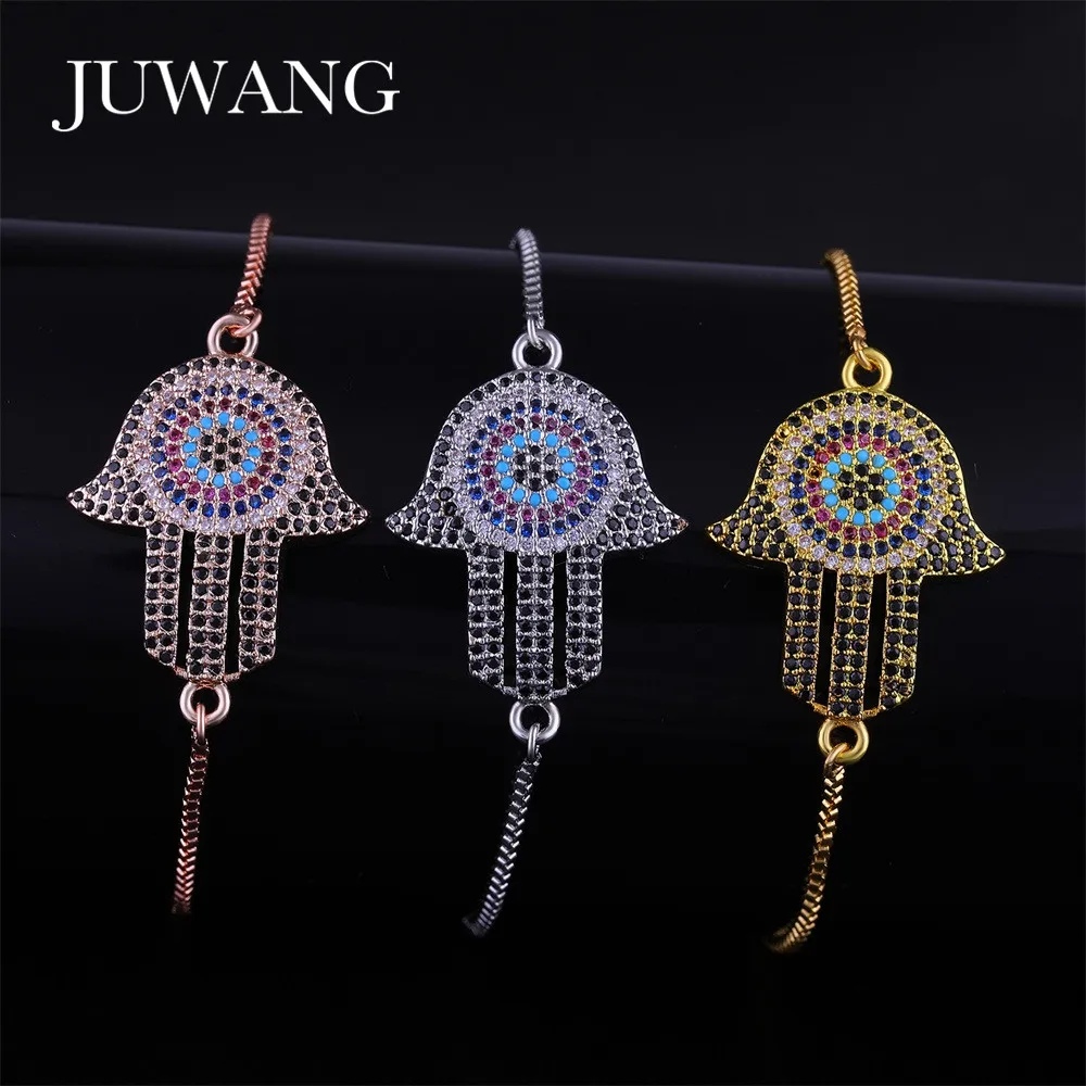 

JUWANG 2018 New Big Evil Eye & Hamsa Hand Prendant Bracelets for Woman Girl Micro Pave Cubic Zirconia Adjustable Chain Jewelry