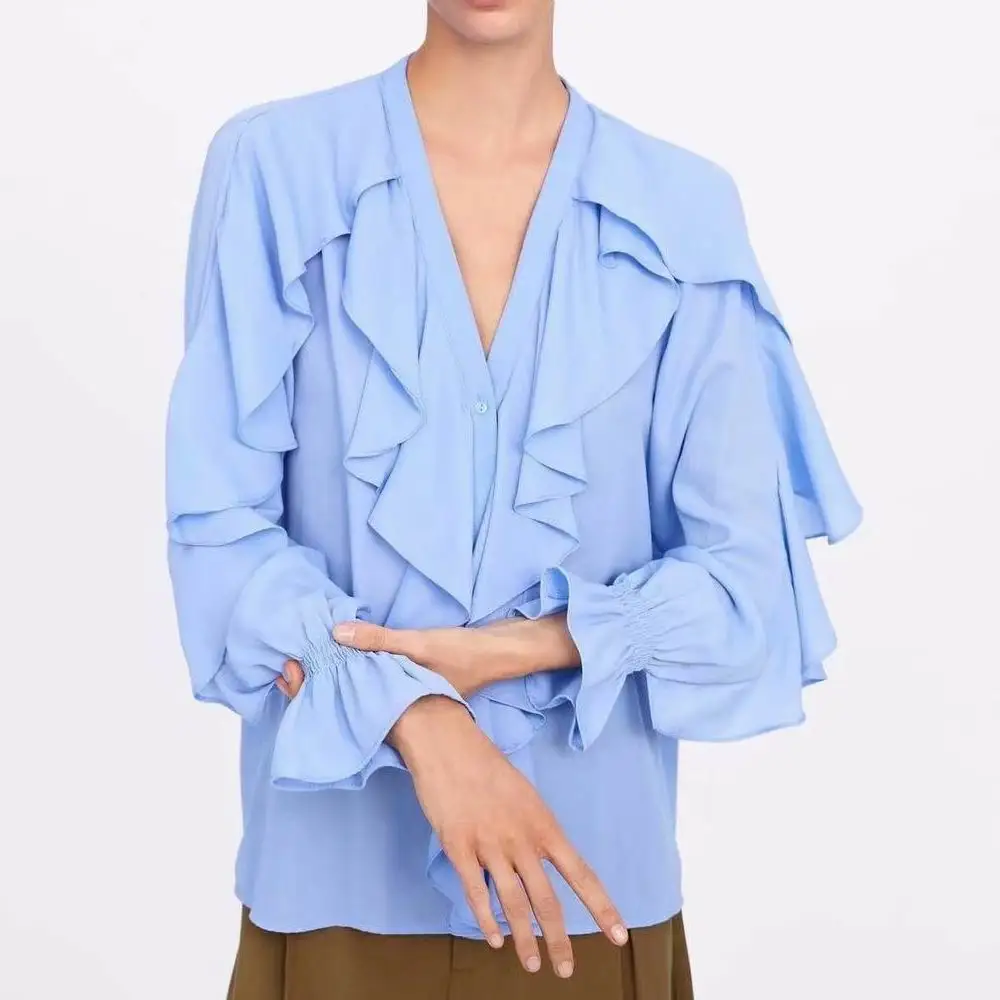 2018 za для женщин Свободные шифон оборками blusa женский тариф рукавом выдалбливают