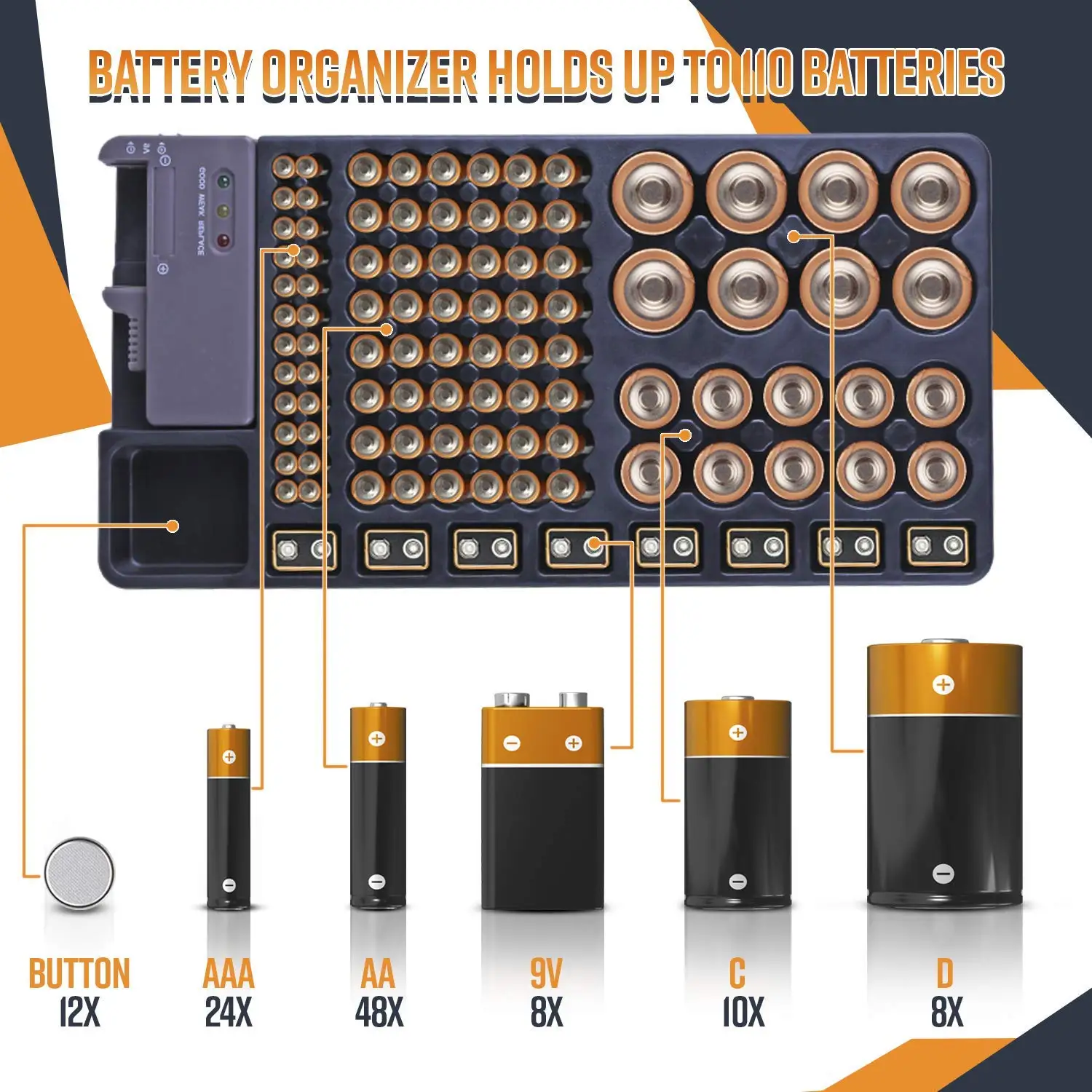 Держатель-органайзер для хранения аккумуляторов с тестером-стойка-кейс для аккумулятора, в том числе для проверки батареи AAA AA