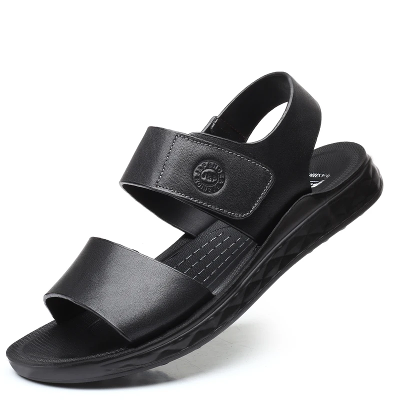 

2019 Summer Men's Genuine Leather Sandals New Head Leather Anti-Slip Shoes Man Black Hook&Loop Leisure Sandals