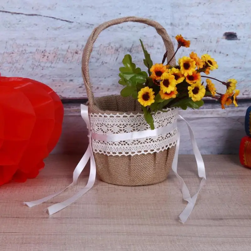 Свадебные украшения в деревенском стиле, винтажная Цветочная корзина с кружевами, атласная винтажная Цветочная корзина из мешковины, джутовые вечерние цветы