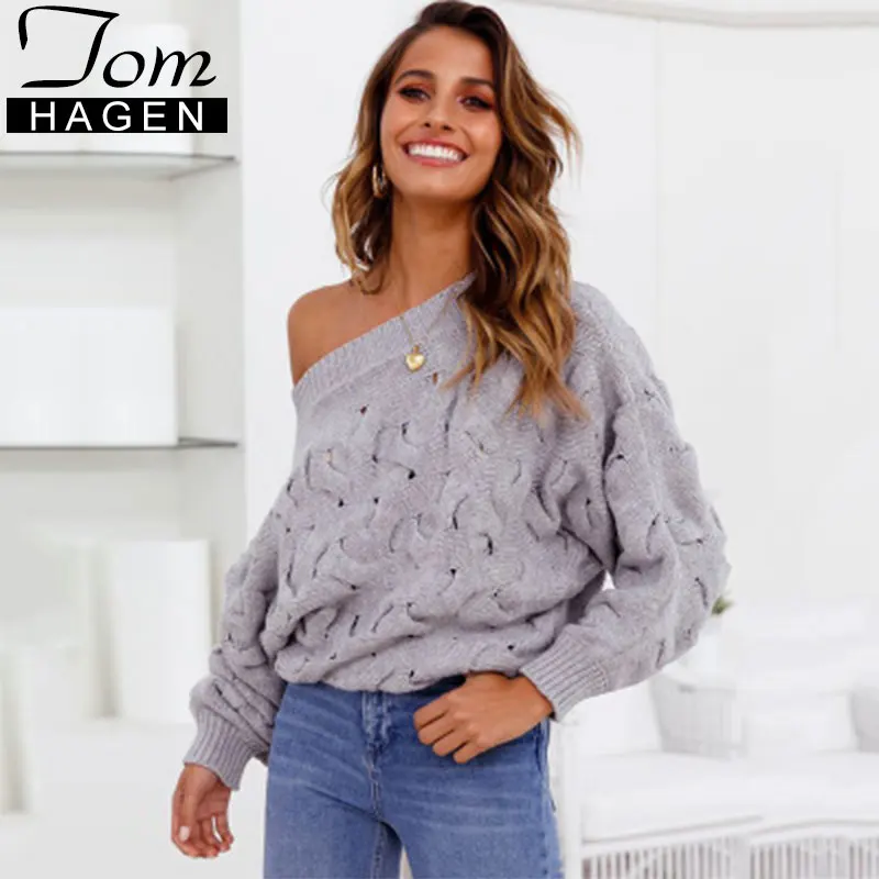 Goede Herfst Winter Sexy Gebreide Off Shoulder Trui Losse Trui Holle Cable Knit Warme Trui Vrouwen Grof Lange Mouwen Jumper
