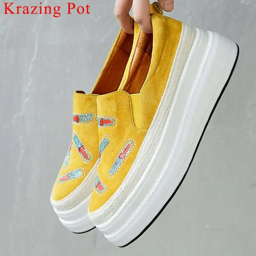 

2019 new arrival genuine leather round toe thick med bottom platform slip on loafers comfortable breathable vulcanized shoes L18