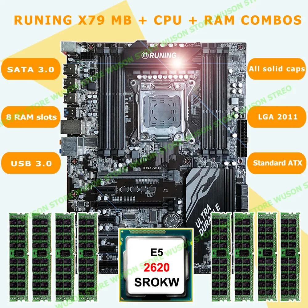 

Brand Runing Super ATX X79 LGA2011 motherboard 8 RAM slots discount motherboard with CPU Xeon E5 2620 SR0KW RAM 32G(8*4G) RECC