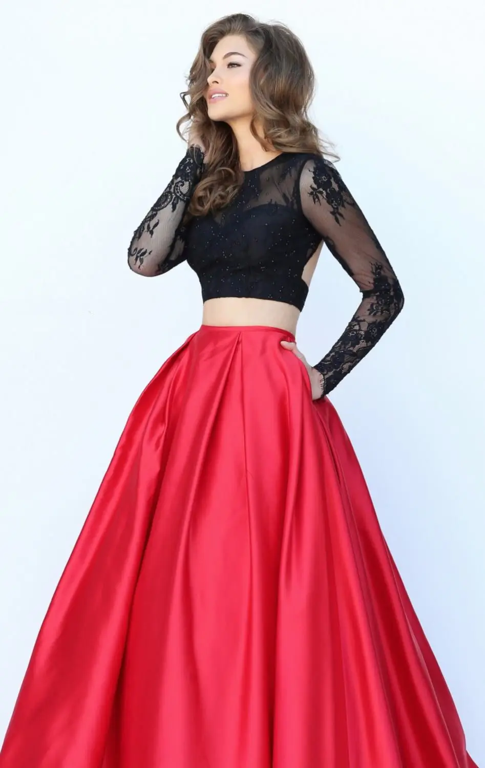 Sexy de Dos Piezas de Manga Larga Negro Vestidos largos de Noche Formales 2016 Vestidos vestido