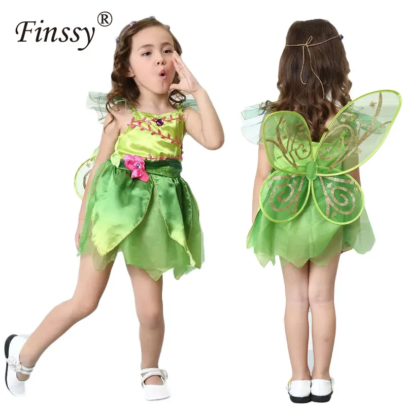 

Kawaii Tinkerbell princess Dress Cosplay Costume Green Dress for Girls Elf Kids Halloween Wonderful Woodland Garden with wing