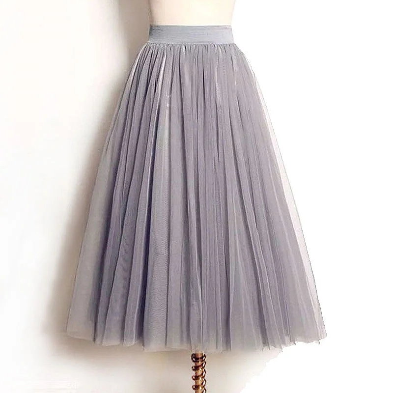 

2016 Summer autumn 4 Layers Tulle Midi Skirts Women Elastic High Waist Ladies long Skirt Tutu Maxi Pleated Skirt Faldas Saias