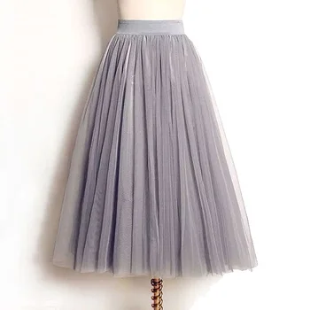 

Women's Skirts 2020 New Summer Vintage Elastic High Waist Tulle Mesh Skirt Long Pleated Tutu Skirt Women Saias Midi Faldas Jupe