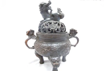 

7" China bronze carved finely dragon Foo Dogs Lion Incense Burner censer statue