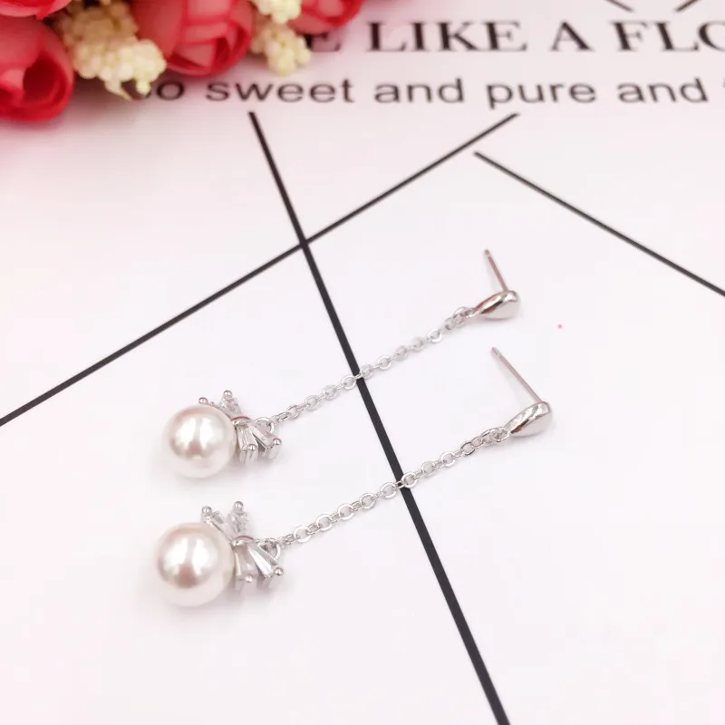 

925 Sterling Silver Needle Sparkling Bowknot Drop Earrings with Zircon for Women Girl Simulated Pearl Long Earring Jewelry Gift