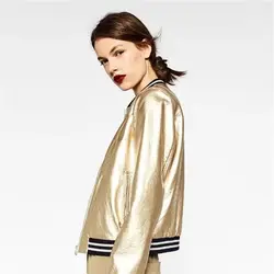 Новый стильный Металл текстурированные для женщин бейсбольные Топы Золотой Серебряный яркий Pu искусственная кожа курточка бомбер модная
