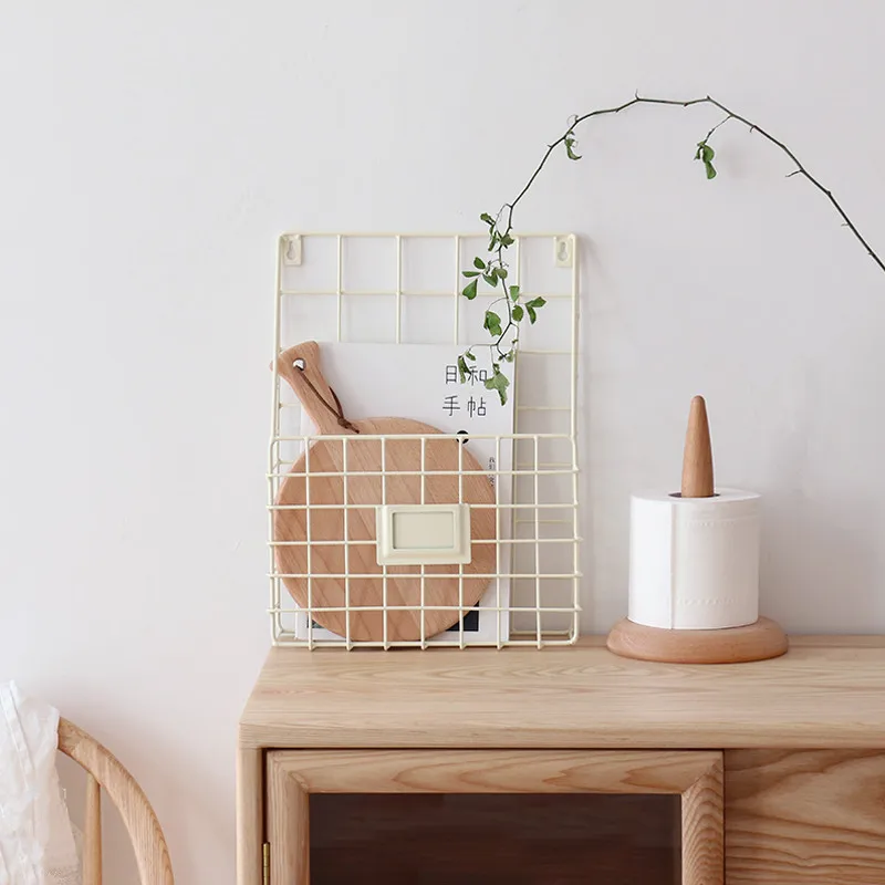 

Metal Wall Hanging Storage Baskets Multi-Use Iron Wire Check Pattern Sundries Storage Box Magazines Storage Holder Books Rack