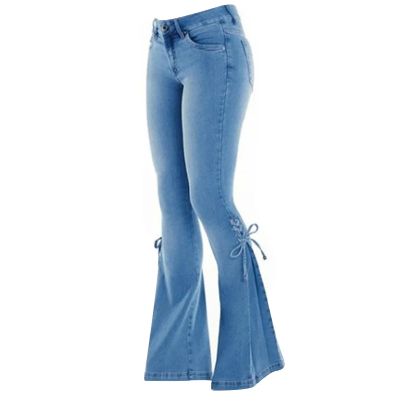 

Ladies Mid-Waist Belt Denim Stretch Micro Bell Bottom Jeans Casual Fashion Jeans FDC99