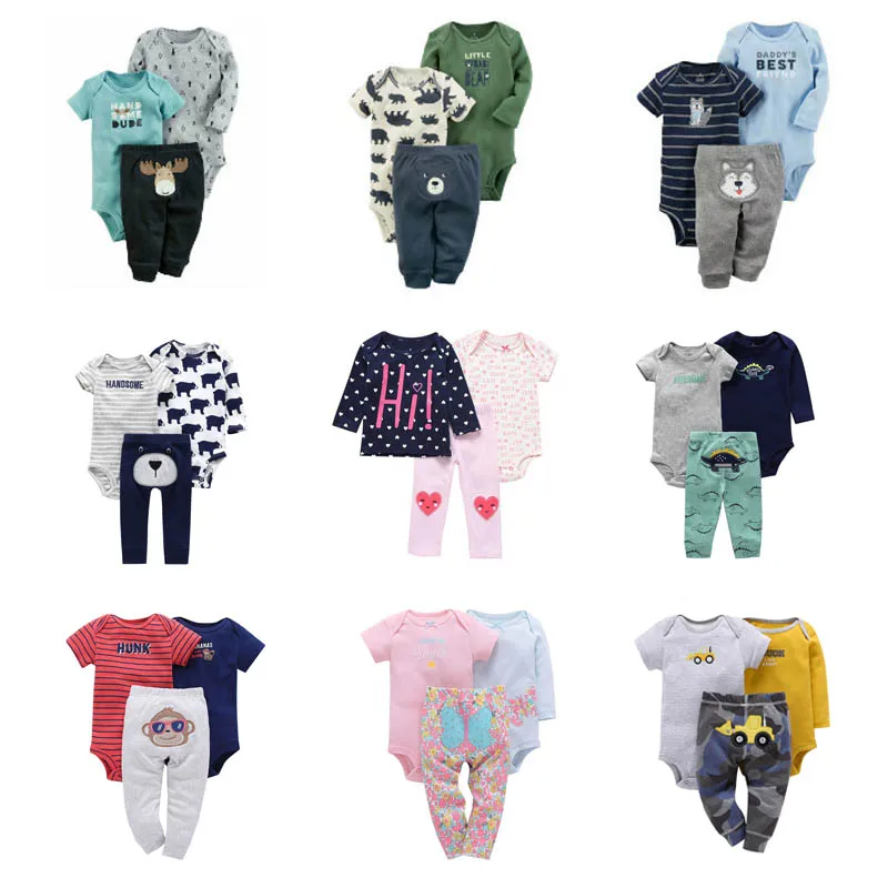 Комплекты из 3 предметов Одежда для новорожденных г., лето-осень, топы с длинными/короткими рукавами с героями мультфильмов+ боди+ штаны, одежда для малышей