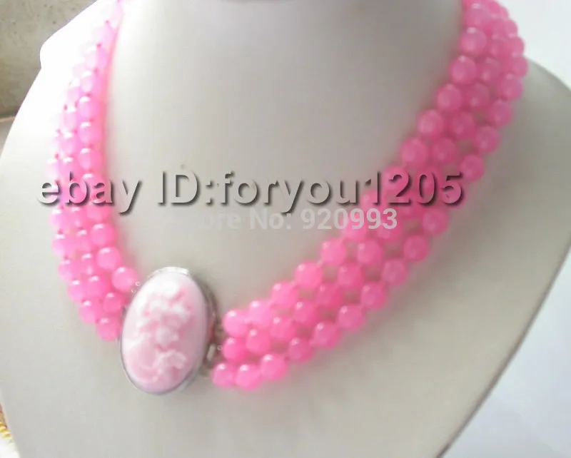 

Wholesale&FREE P&P*Beautiful!3rows Natural Pink Jade Necklace Cameo Clasp