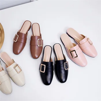 

Spring and summer women's slippers high quality really cow leather comfortable shoes belt buckle decorative female slippers