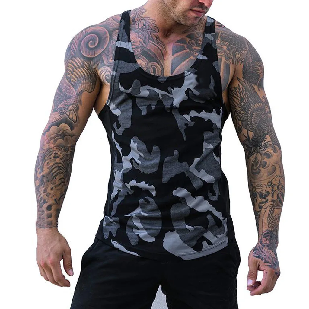 

Sports men's clothing Men Camouflage Stripe Sports Vest Striped Splice Large Open-Forked Male Vest high quality Fashion style#7