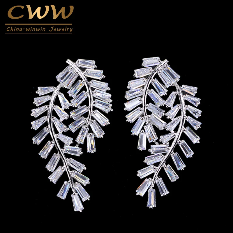 CWWZircons бренд элегантный дизайн в форме листа квадратный кубический цирконий камень 925 пробы серебряные женские серьги-гвоздики CZ238