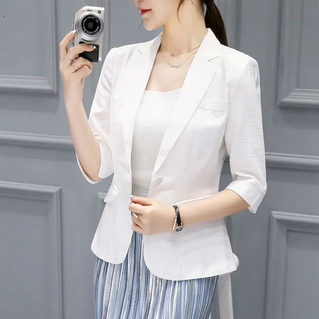 Women Blazer 3/4 Sleeve Blazers Solid One Button Coat Slim Office Lady