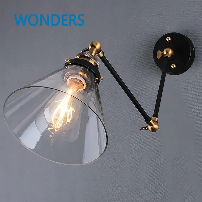 

Vintage Industrial Wall Lamps Loft Swing Arm Wall Sconce Adjustable Warehouse Ambient Lighting Glass Lampshade E27 Edison Lights