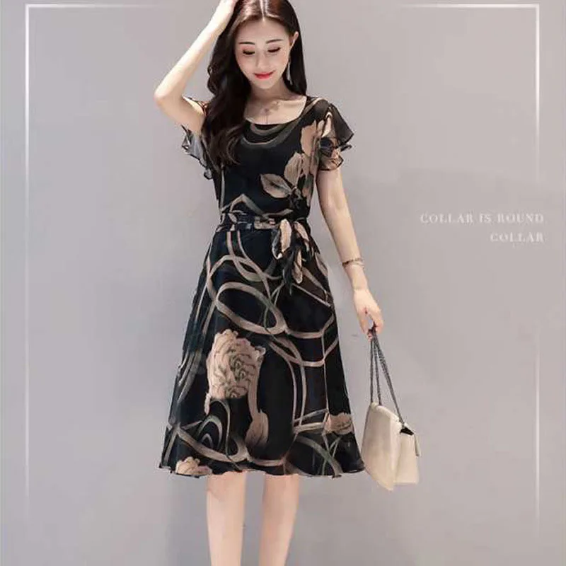 

Women Dress Floral Printed A-line Slim Fit U Neck Dress for Summer QL Sale