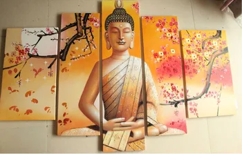 

5 Panel Set Handmade Modern Yellow Buddha Canvas Painting Red Plum Flower Background Buddha Statue Oil Painting By Numbers Mural