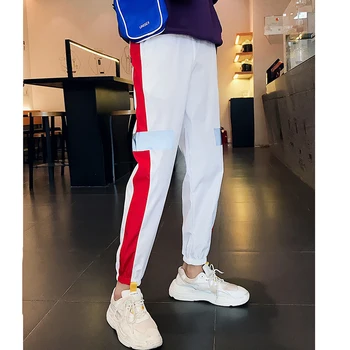 

Casual white stripe long pant women sporting trousers solid elastic waist harem pants student