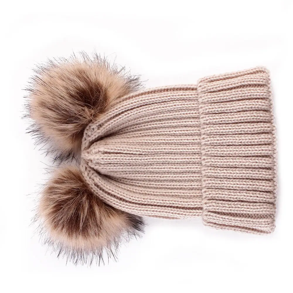 Зимняя теплая шапка из меха енота для мамы и ребенка, хлопковая вязаная шапка для родителей и ребенка, Рождественская шапка - Color: Khaki