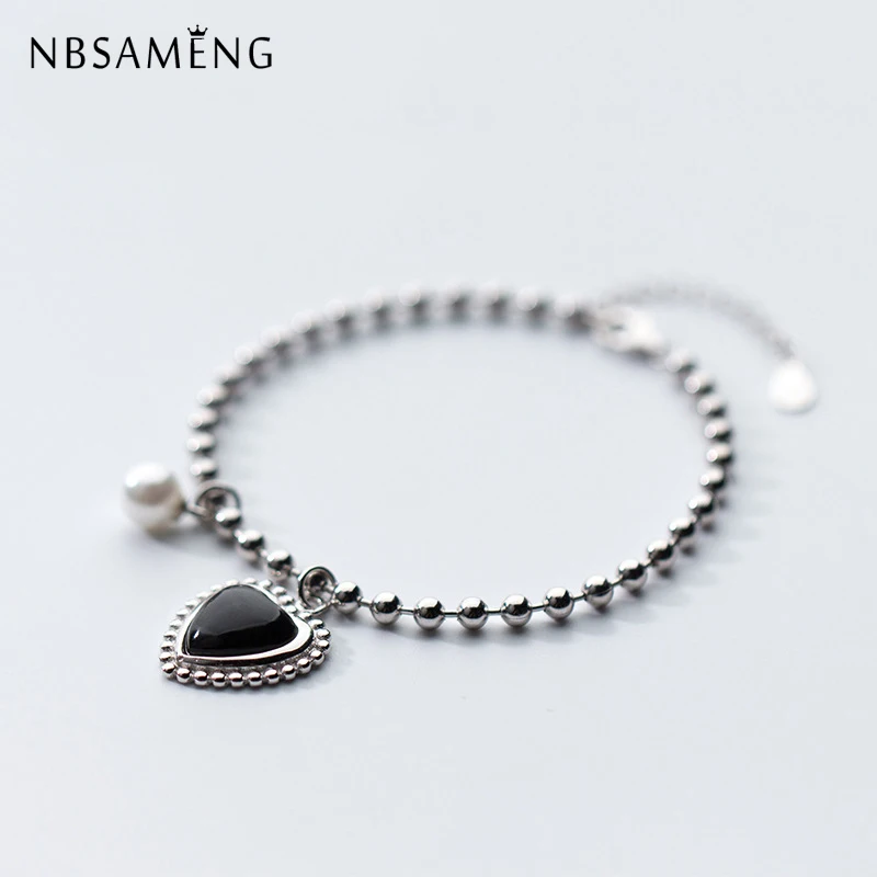 NBSAMENG стерлингового серебра 925 романтические с черным натуральным камнем жемчужные бусы в форме сердца регулируемые браслеты для женщин Подарочные ювелирные изделия
