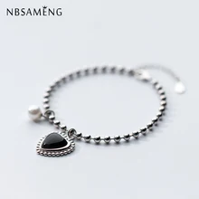 NBSAMENG стерлингового серебра 925 романтические с черным натуральным камнем жемчужные бусы в форме сердца регулируемые браслеты для женщин Подарочные ювелирные изделия