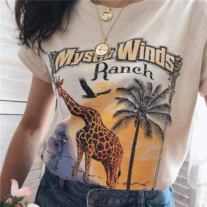 

BOHO INSPIRED SPIRIT OF THE WILDERNESS Tee cream summer t shirt women casual streewear animal print tee tops 2019 t-shirts new