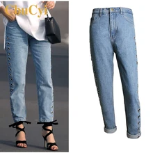 CbuCyi женская одежда джинсовые брюки BF ветер Высокая талия Свободные прямые джинсовые брюки женские s хлопок джинсы брюки плюс размер