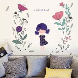 60x90 см наклейки на стену милые цветы девушка узоры мультфильм стиль наклейки на стену для детей комнаты или спальни украшения дома