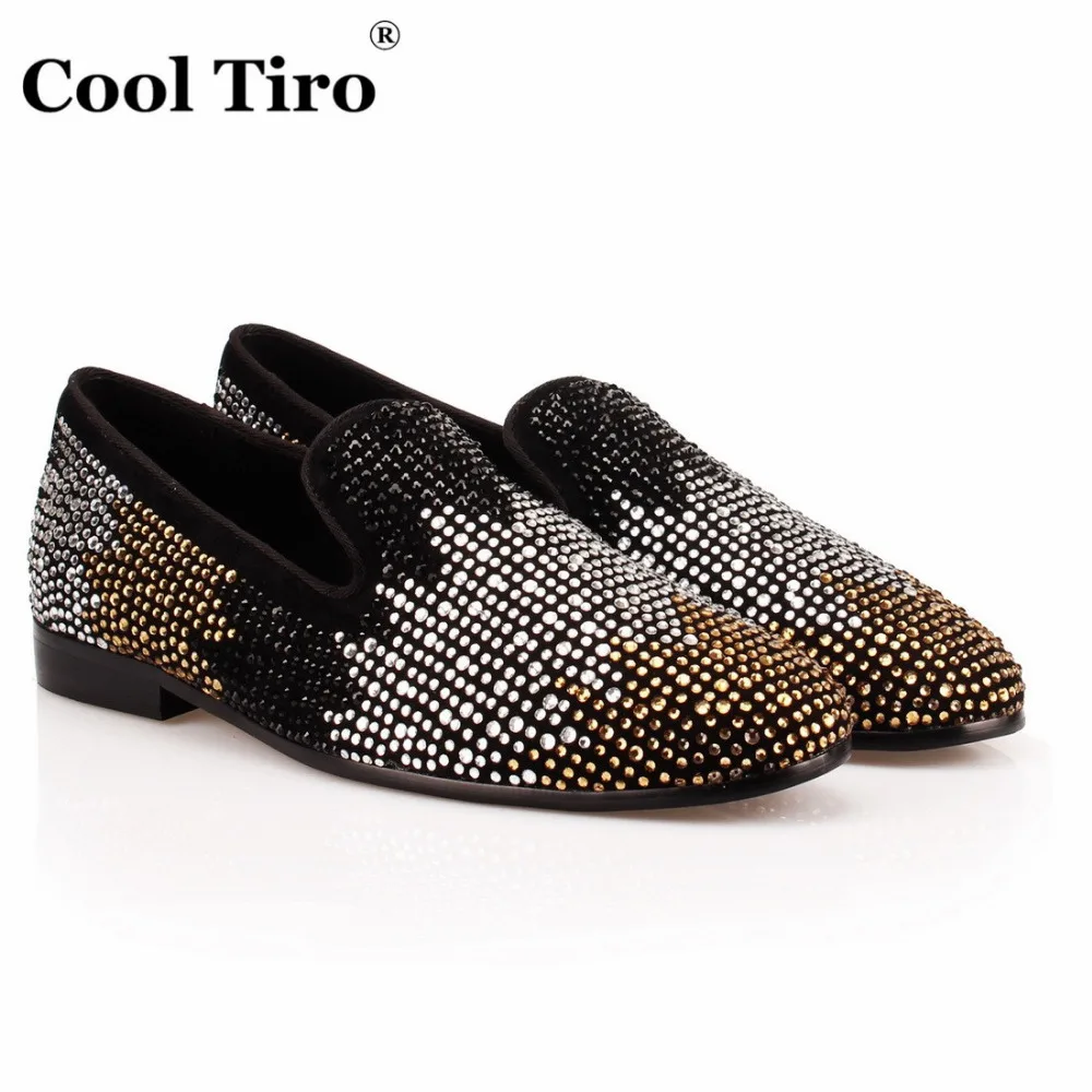 

COOL TIRO Handmade Black/white/gold Diamonds Men's Loafer Cow Suede Hot drilling Leather shoes for Banquet and Prom