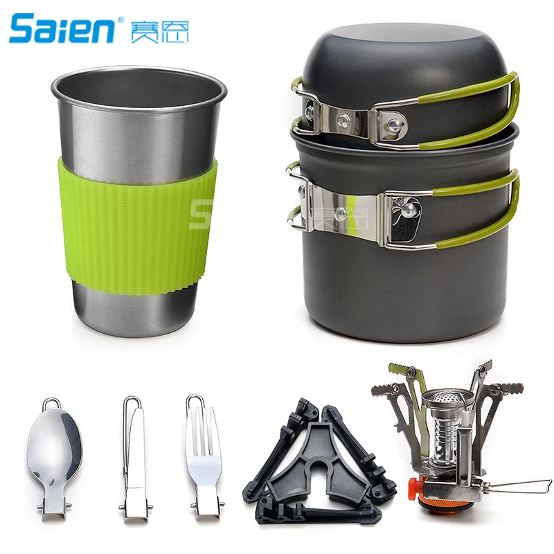 

Camping Cookware Stove Carabiner Canister Stand Tripod and Stainless Steel Cup, Tank Bracket, Fork Knife Spoon Kit for Outdoor