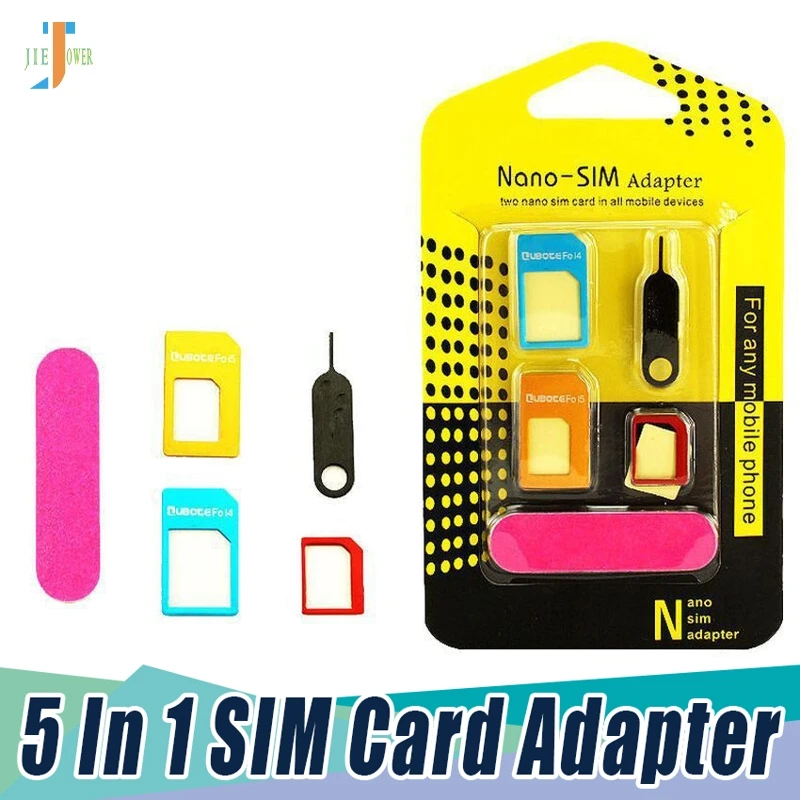 300pcs/lot 5 in 1 Nano Sim Card Adapters+ Regular& Micro Sim+ Standard SIM Card& Tools For iPhone8 7 6 6s Retail Box