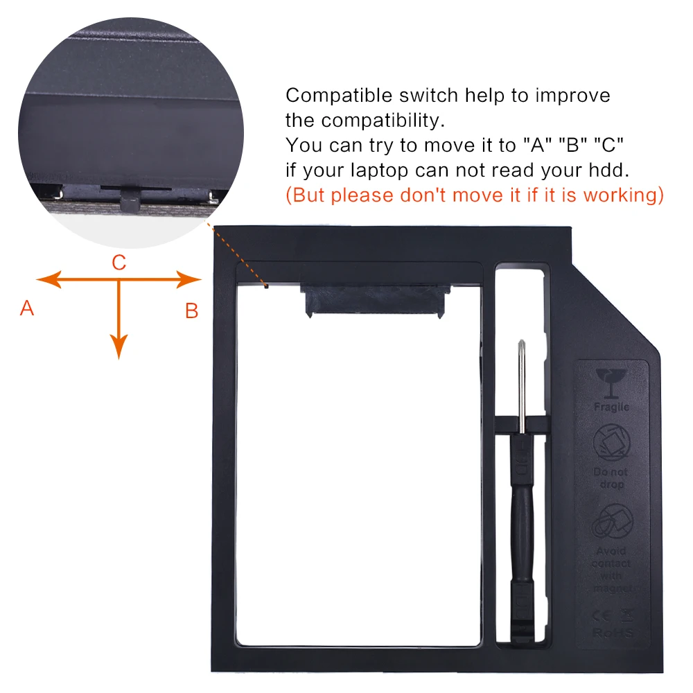 TISHRIC пластик Optibay 2nd HDD Caddy 9,5 мм SATA 3,0 коробка для жесткого диска корпус 2,5 SSD чехол DVD адаптер для ноутбука CD-ROM