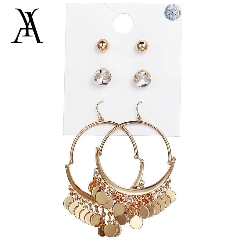 

AY 3 Pairs/Set Big Hoop Earrings Set For Women High Quality Statement Sequin Tassel Pendant Earring Set Jewelry Gift