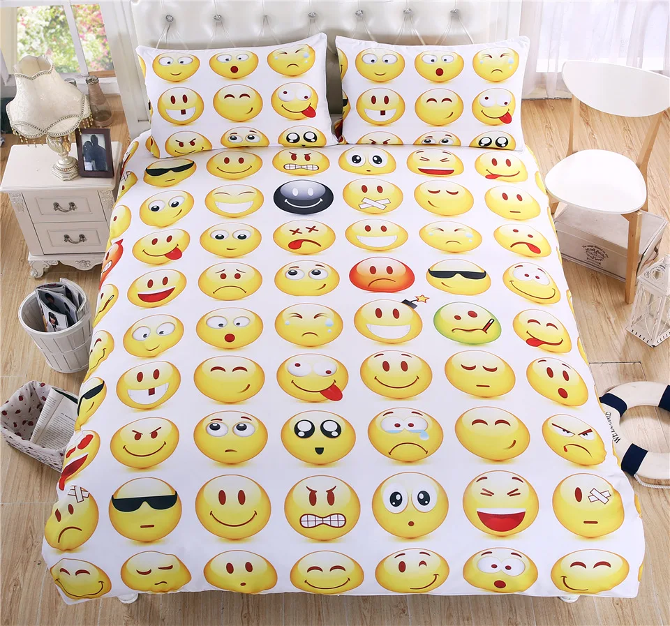 3pcs Bed in a Bag Emoji Bedding Set Funny Smiley Faces Quilt Cover With