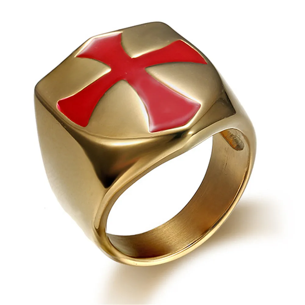 

HIP Punk Hot Sale Gold Black Color Templar Knight Red Cross Biker Ring Punk Rock Men's Jewelry Brother Gift Anel Bague