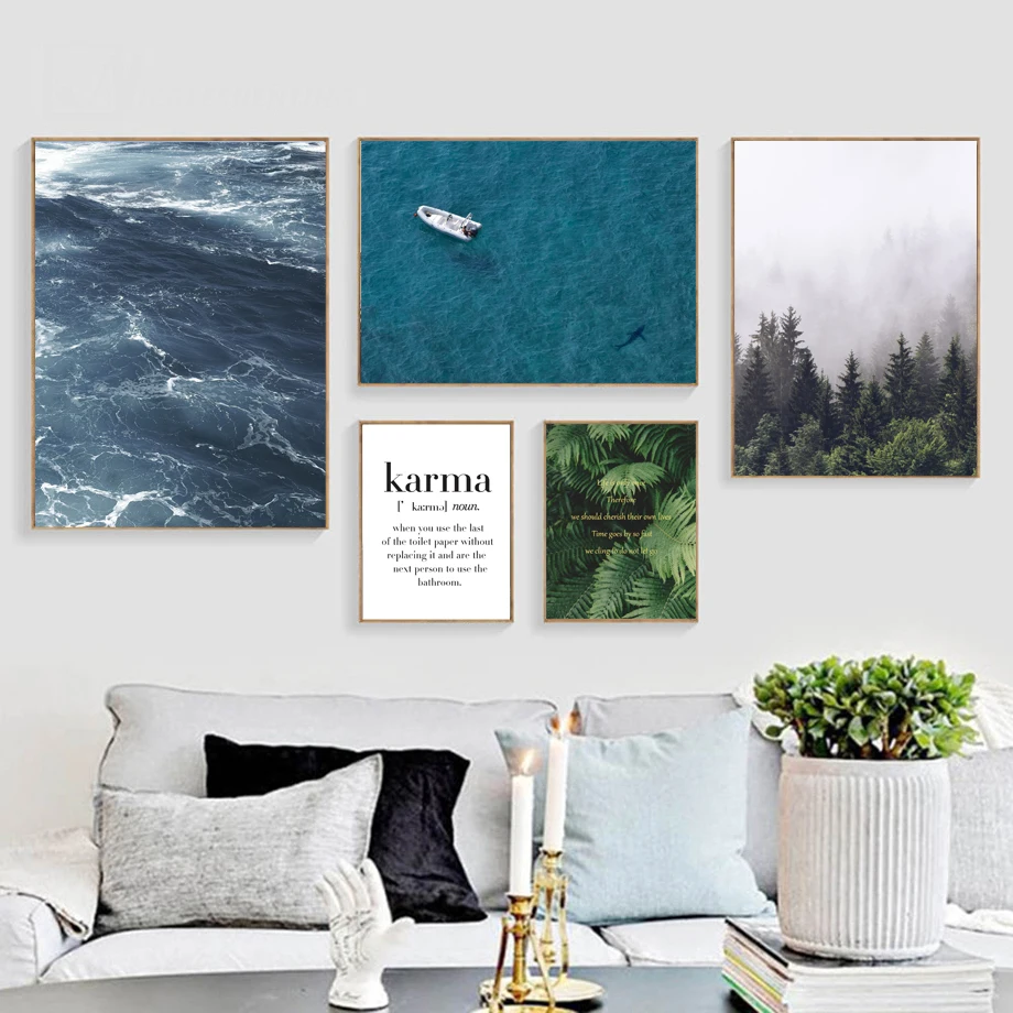 

Sea Ship Forest Fern Leaf Karma Landscape Wall Art Canvas Painting Nordic Posters And Prints Wall Pictures For Living Room Decor