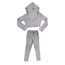 HW2016 NEW arrival Causual Sports Leggings And Hooded Crop Top Shirt 2 Pieces In 1 Set Grey