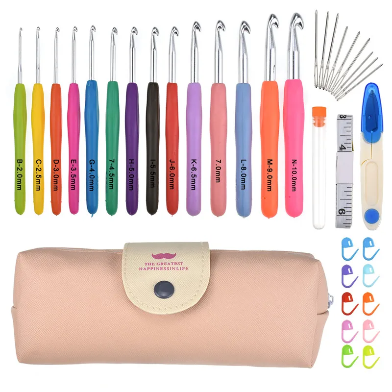 

Crochet Hooks Set 14 PCS 2mm(B)-10mm(N) Extra Long Ergonomic Soft Handle Knitting Needles Hook Kit with Case for Arthritic Hands