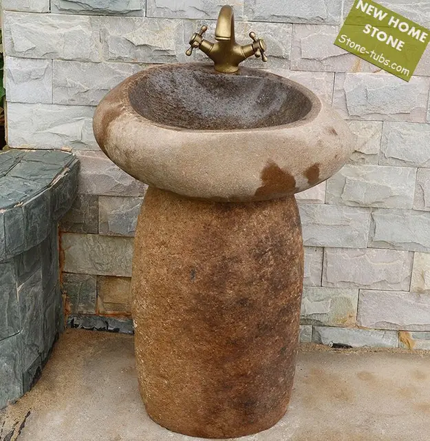 River Stone Pedestal Sink Chiseled interior and exterior Unique Garden