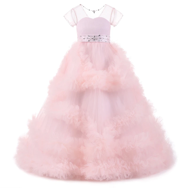 Новинка 2019 года, бальное платье с оборками, Платья с цветочным узором для девочек розовые платья для девочек на свадьбу, день рождения