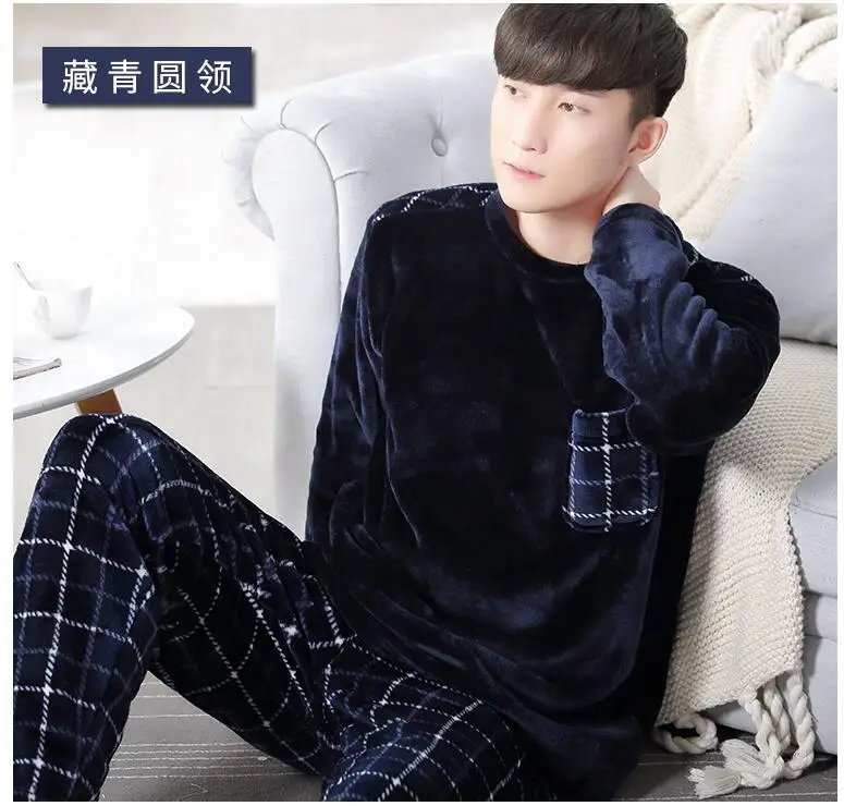 Winter Pajamas Men Thick Coral Fleece Man Pajamas Sets O-Neck Long Sleeve Pyjamas For Men Sleepwear Warm Pajamas Male Homewear