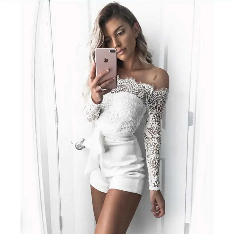 Women ladies summer autumn off shoulder sexy playsuits fashion long sleeve sheer lace patchwork hollow bandage skinny playsuits cut out bodysuit