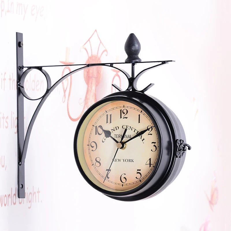 JX-LCl Antique Wall Mount Double Sided Station Clock Garden Vintage Retro Home Decor