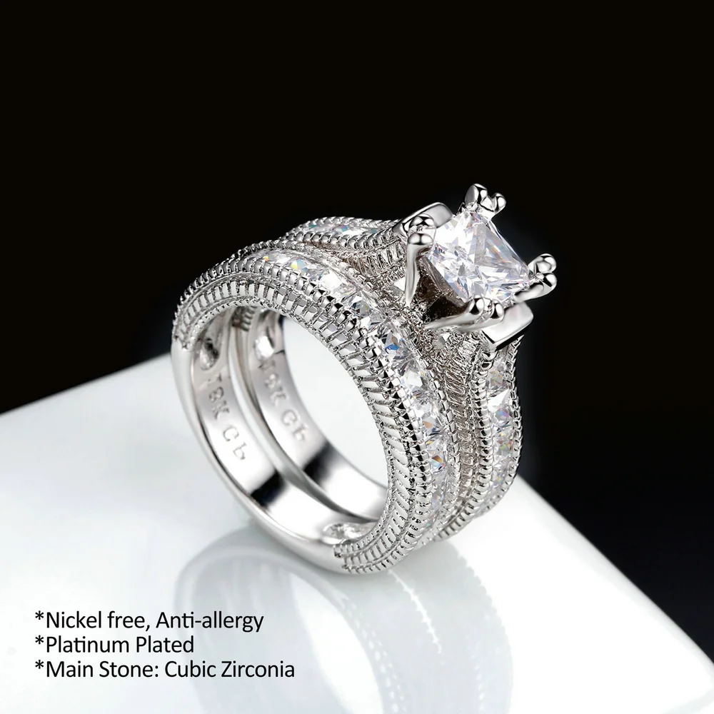 Double Fair Unique Square Cut Cubic Zirconia Rings Sets Silver Color Fashion Engagement/Wedding Jewelry Gift For Women RX29YG